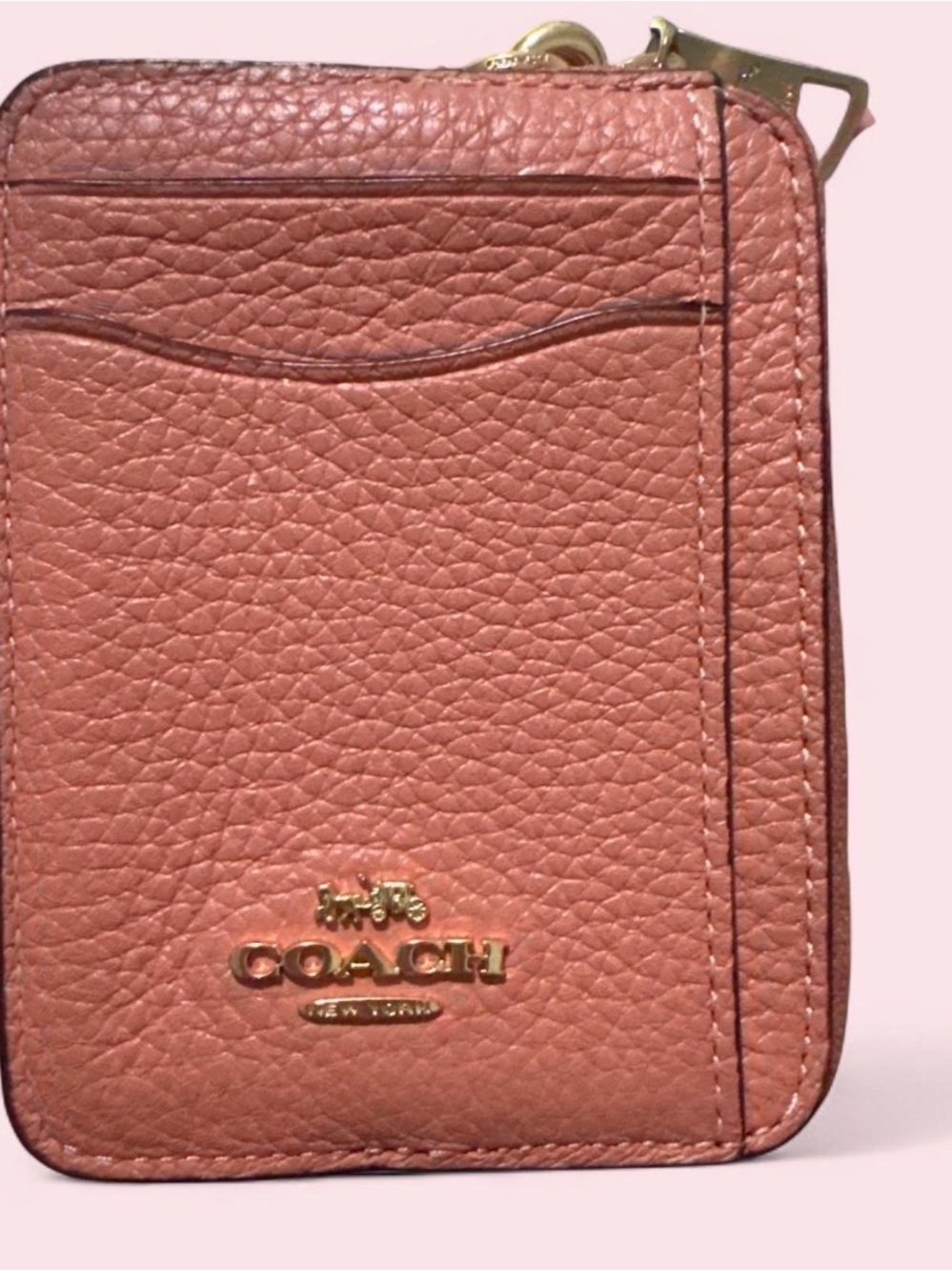 COACH Pebbled Leather Zip Card Case Wallet - Coral